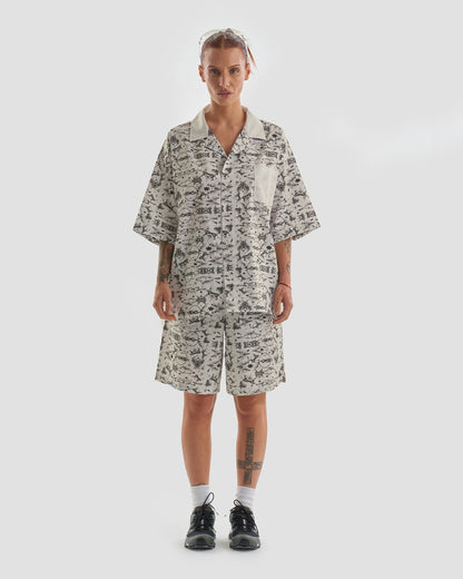 No Regrets Oversized Short Sleeve Shirt with Tattoo Print in Ecru