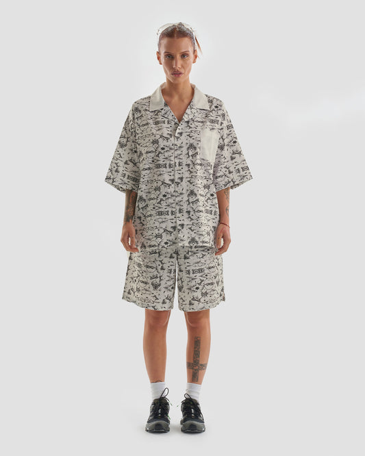 No Regrets Oversized Short Sleeve Shirt with Tattoo Print in Ecru