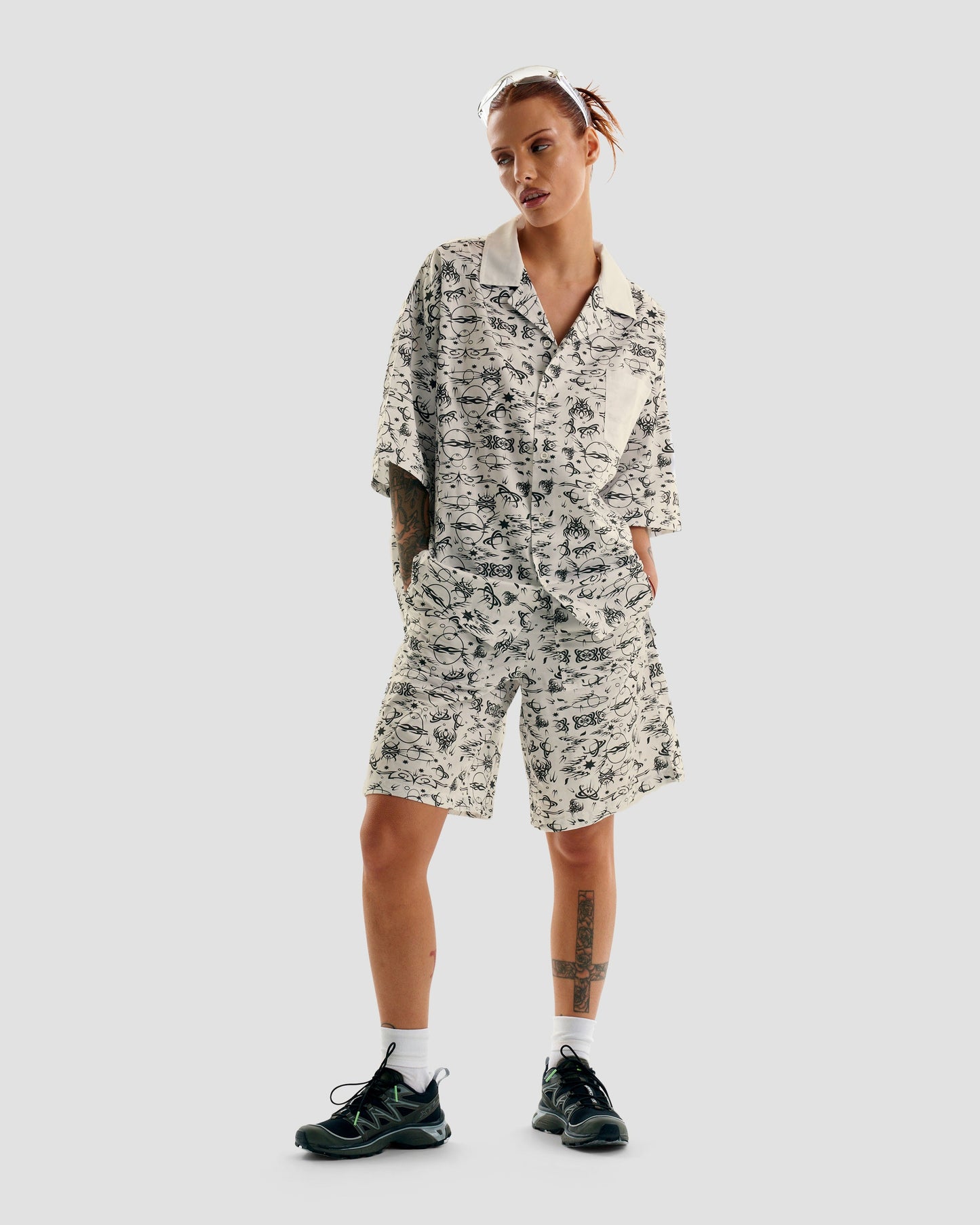 No Regrets Oversized Short Sleeve Shirt with Tattoo Print in Ecru