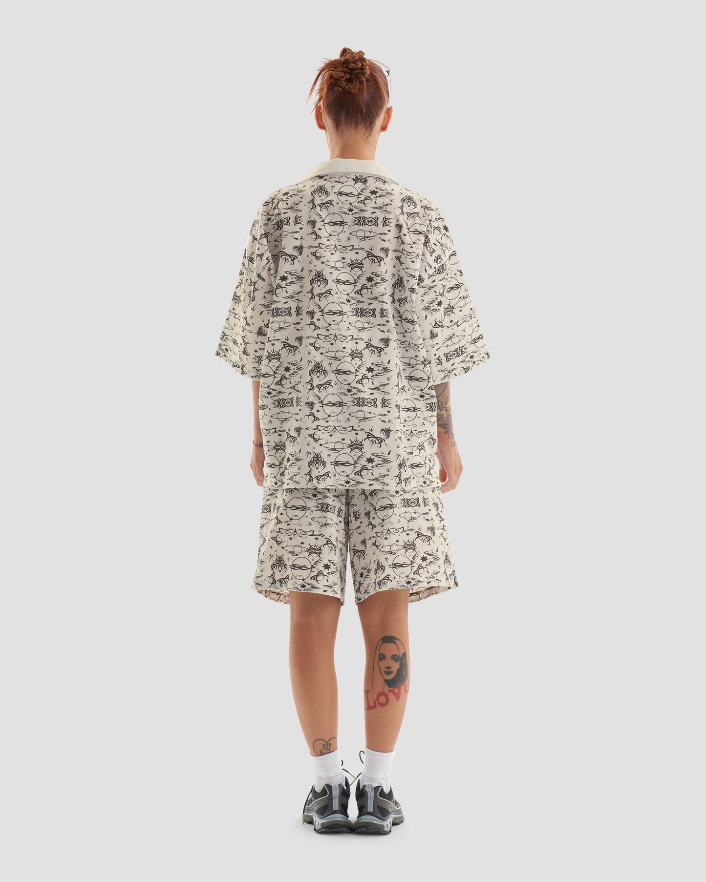 No Regrets Oversized Short Sleeve Shirt with Tattoo Print in Ecru