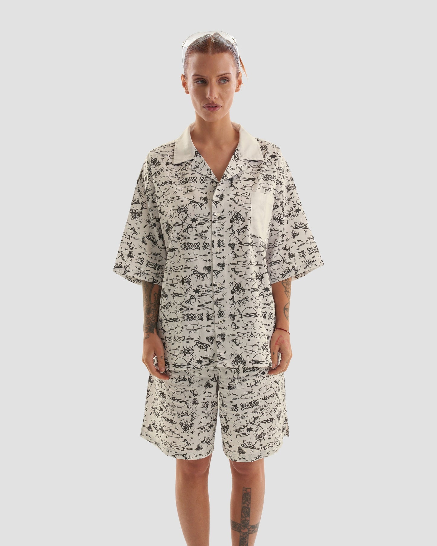 No Regrets Oversized Short Sleeve Shirt with Tattoo Print in Ecru