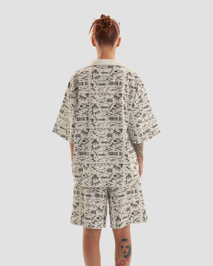 No Regrets Oversized Short Sleeve Shirt with Tattoo Print in Ecru