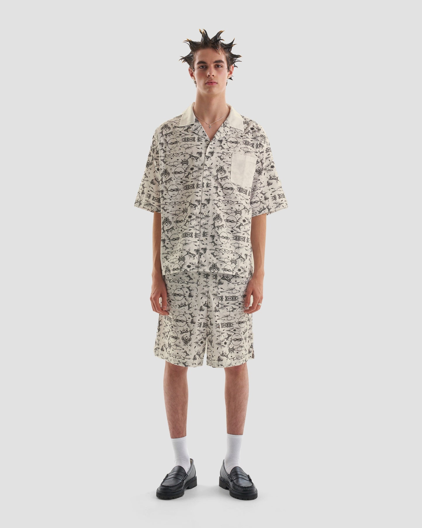 No Regrets Oversized Short Sleeve Shirt with Tattoo Print in Ecru