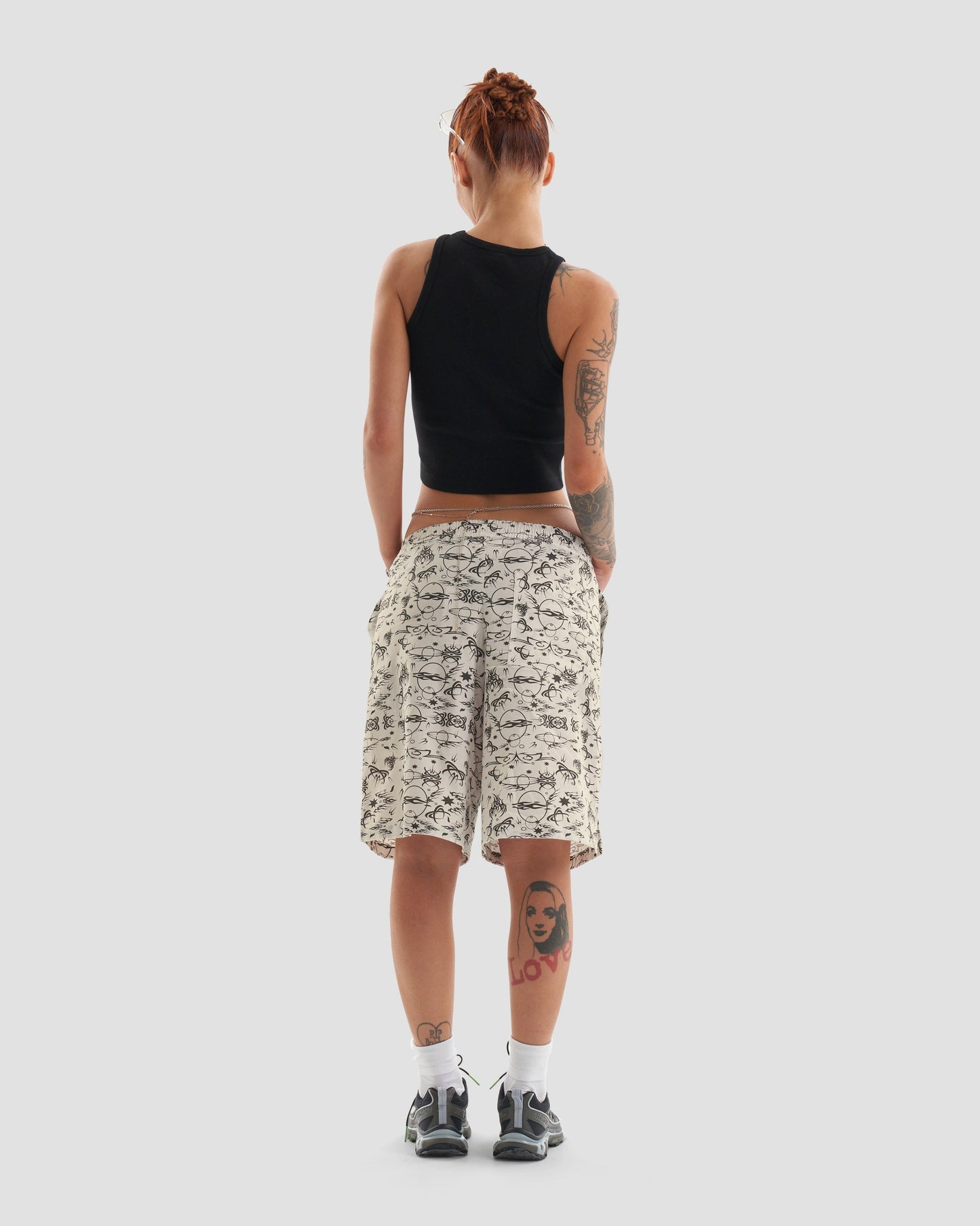 No Regrets Oversized Surfer Shorts with Tattoo Print in Ecru