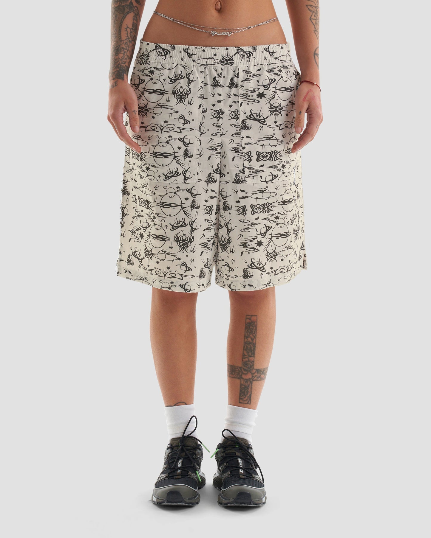 No Regrets Oversized Surfer Shorts with Tattoo Print in Ecru