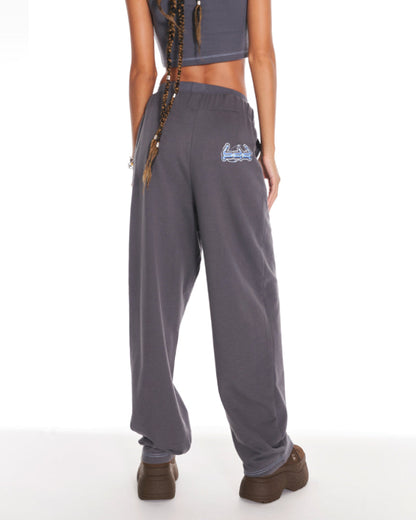 Space Cowboy Low Rise Wide Leg Joggers With Graphic In Dark Grey