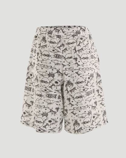 No Regrets Oversized Surfer Shorts with Tattoo Print in Ecru