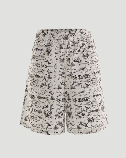 No Regrets Oversized Surfer Shorts with Tattoo Print in Ecru