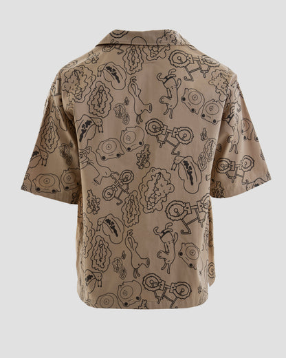 Taboo Oversized Baggy Button Up Shirt with Graphic Print in Light Brown