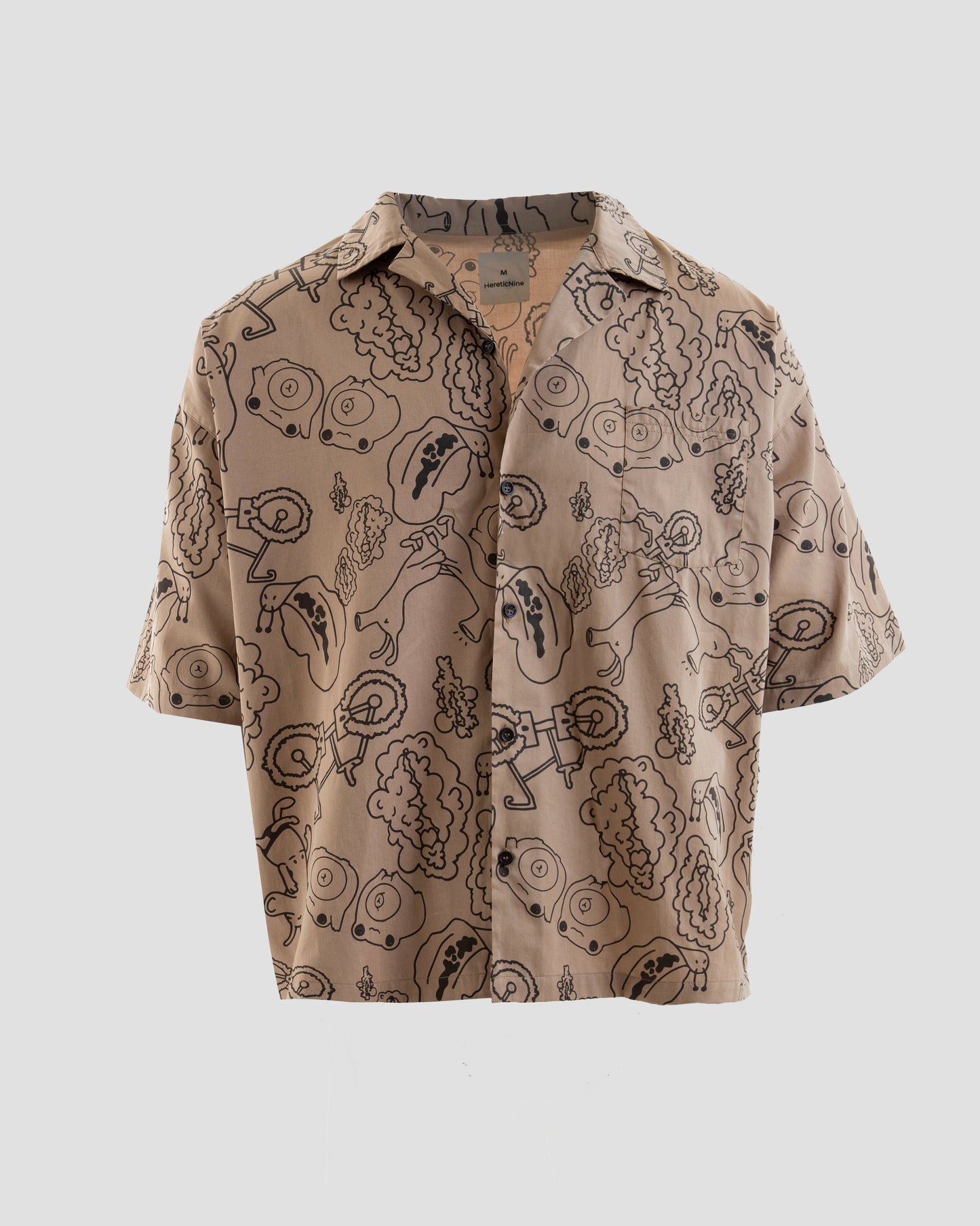 Taboo Oversized Baggy Button Up Shirt with Graphic Print in Light Brown