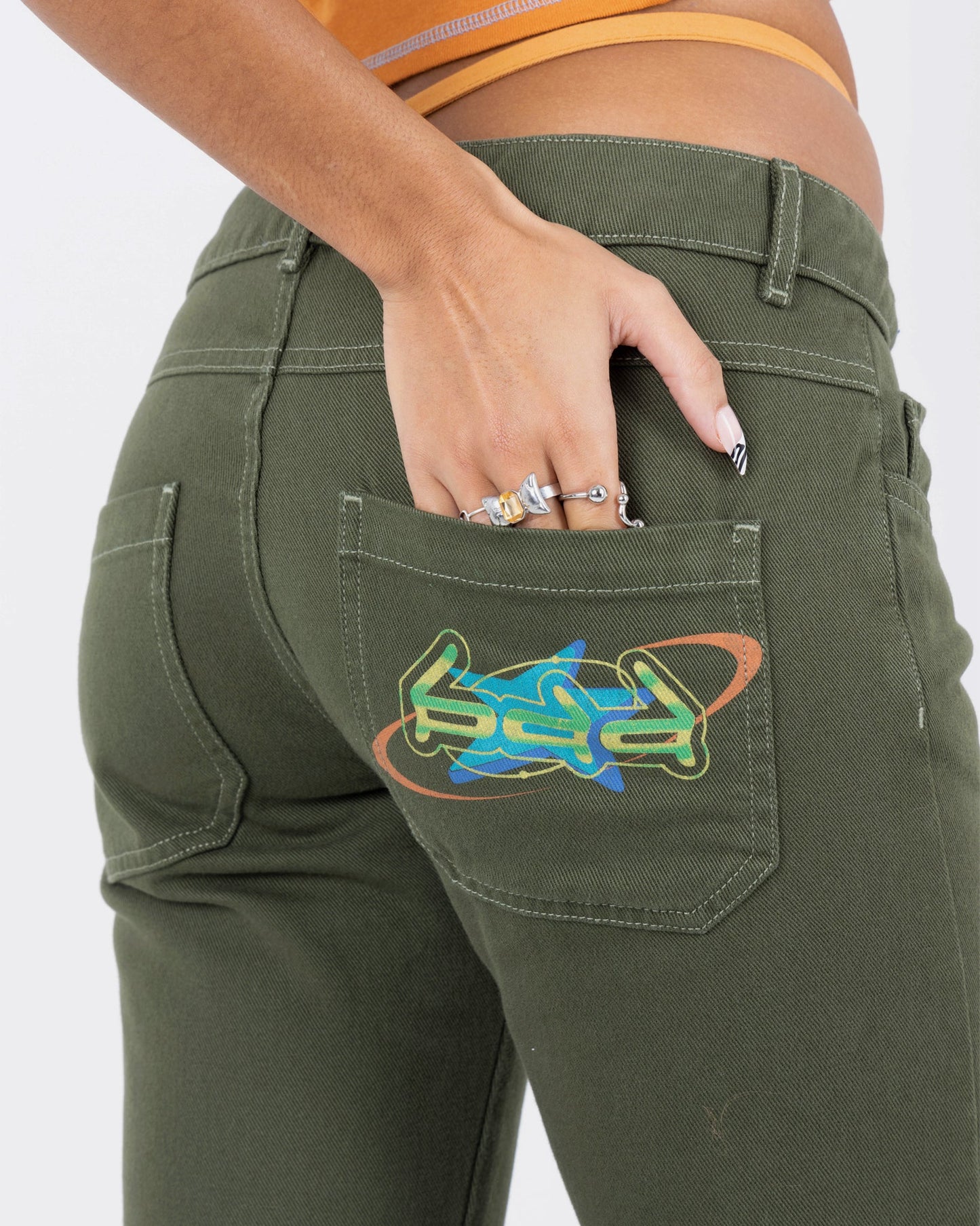 Poison Ivy Low Rise Lace Up Flared Denim Jeans With Thong Detail In Khaki