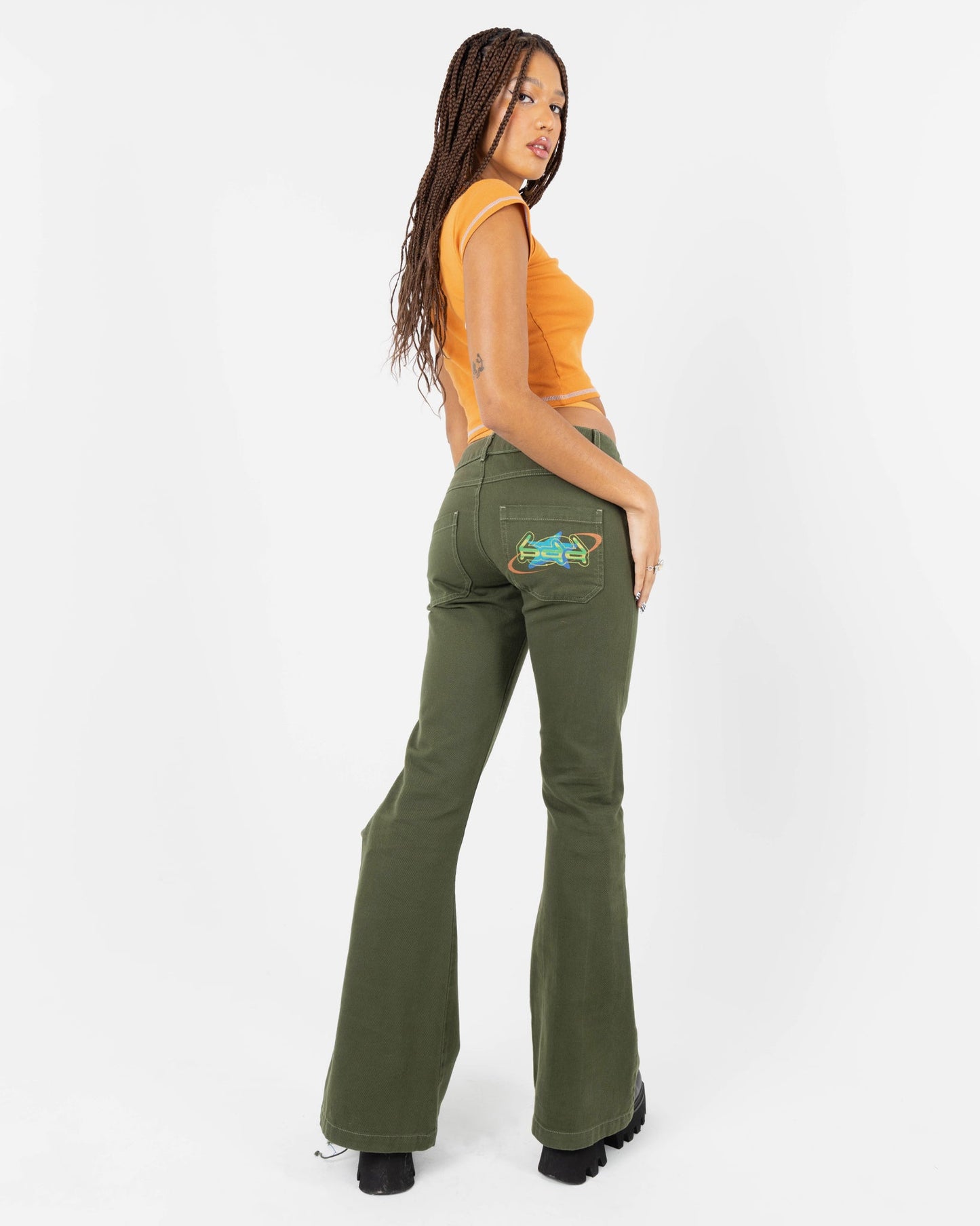 Poison Ivy Low Rise Lace Up Flared Denim Jeans With Thong Detail In Khaki