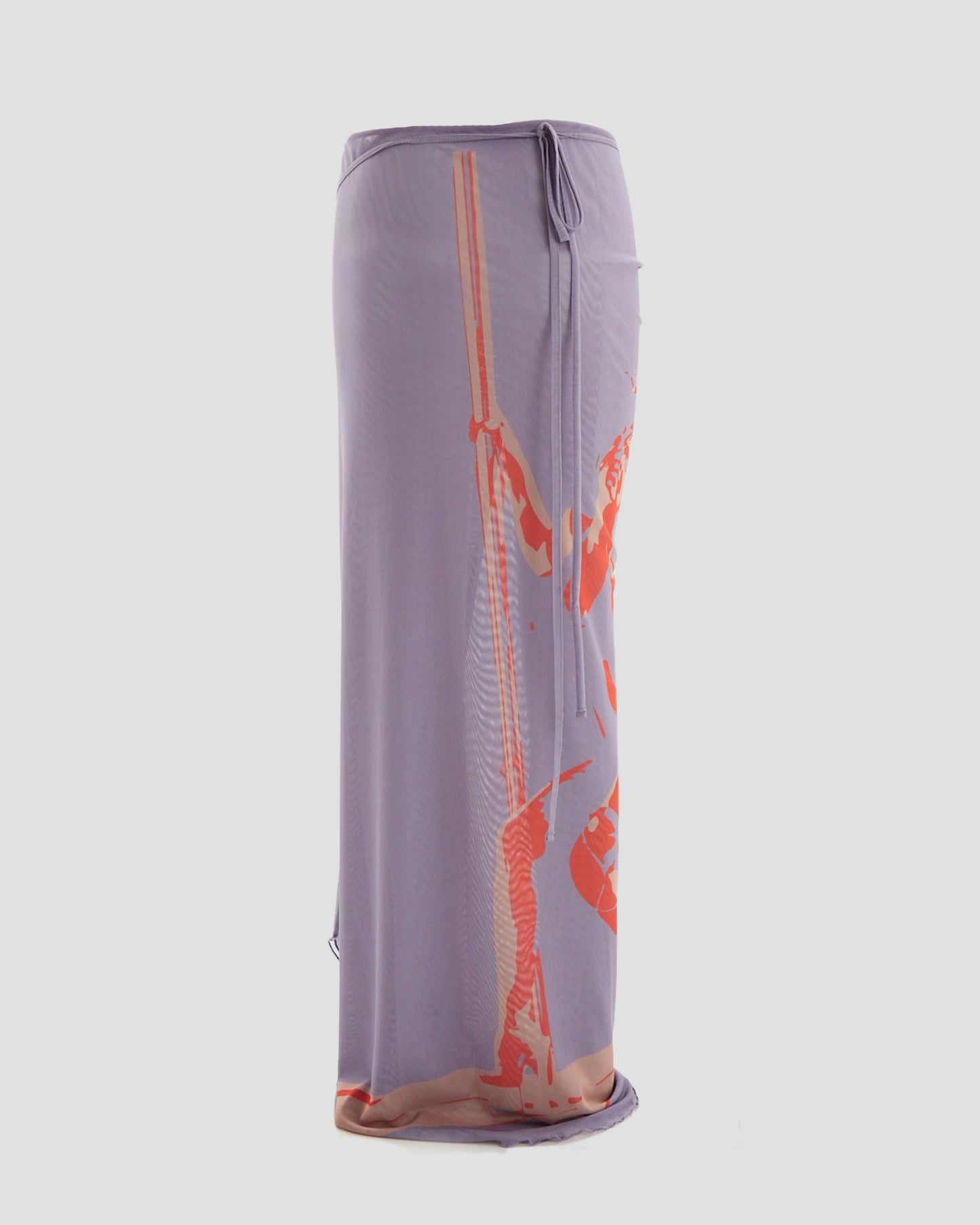 Modern Co-Ord Printed Mesh Wrap Maxi Skirt with Tie Detail in Purple